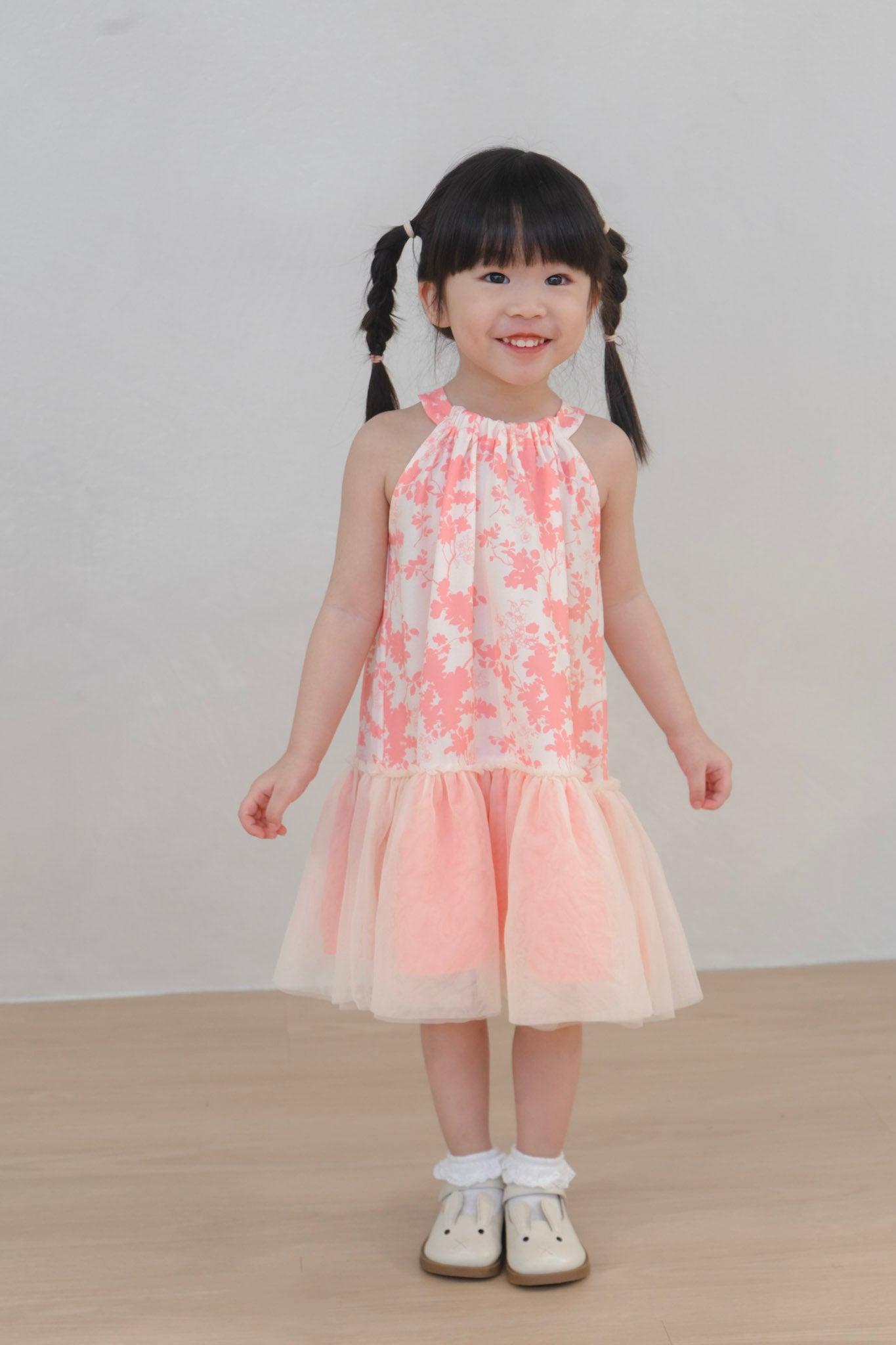 strapless open back dress Pink Tulle Floral Ruffle Halter Maxi Dress – Selene Dress main image 0