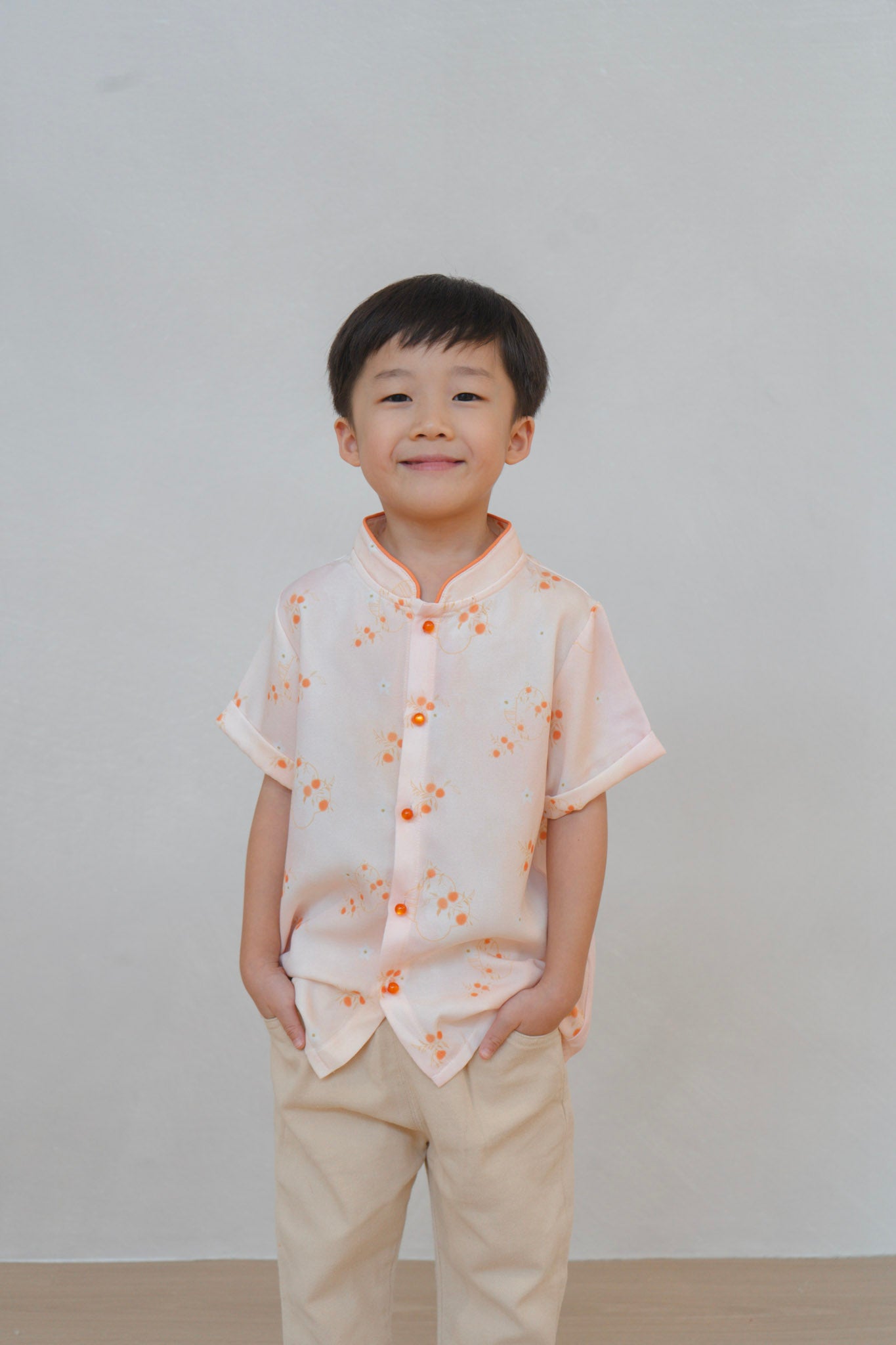 Tangerine Bloom Boy Lined Mandarin Collar Shirt Set