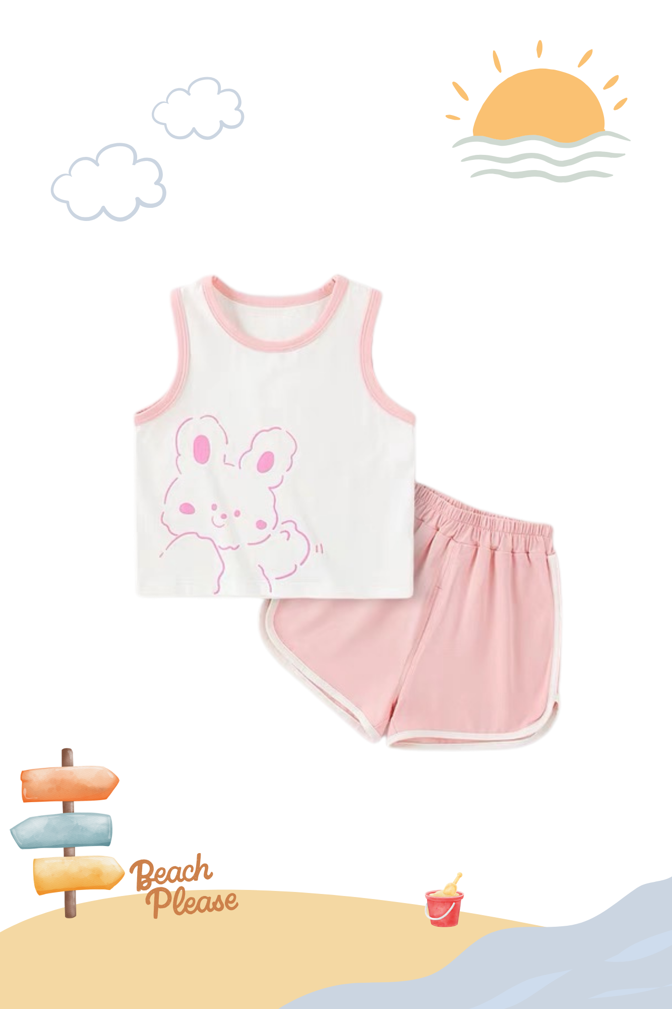 Summer Sleeveless Playwear Set Pink Bunny