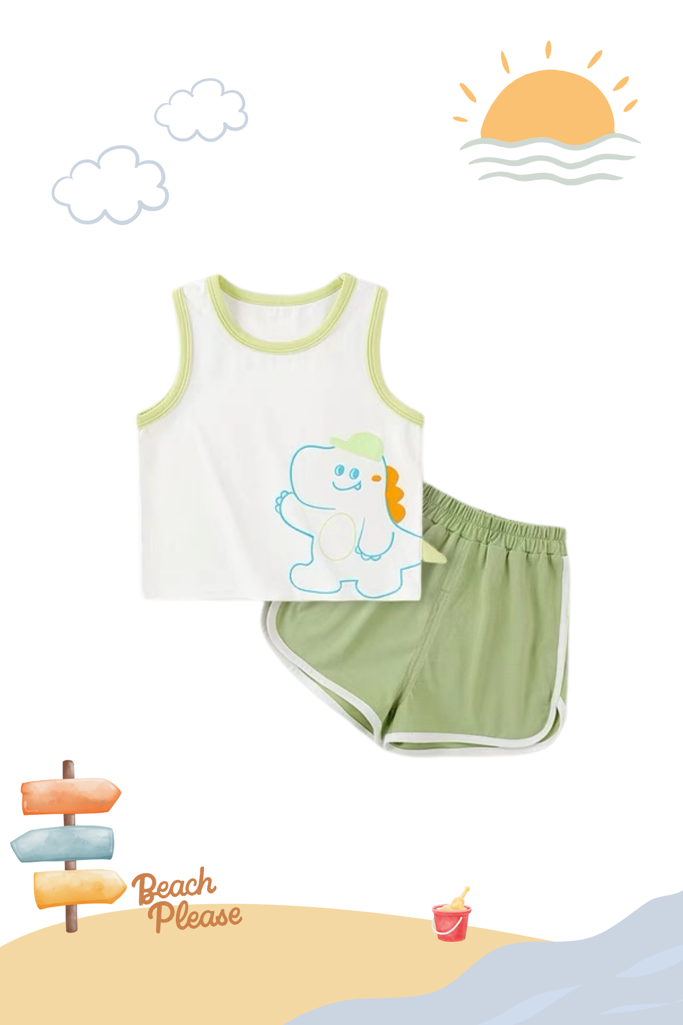Summer Sleeveless Playwear Set Green Dino