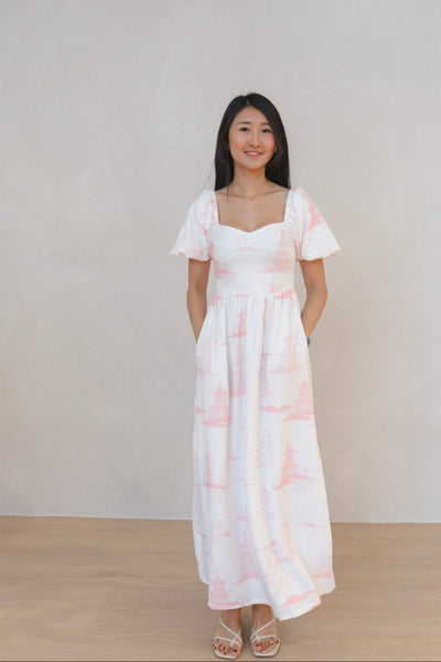 Oriental Garden Ladies Puff Sleeve Smocked Back Maxi Dress