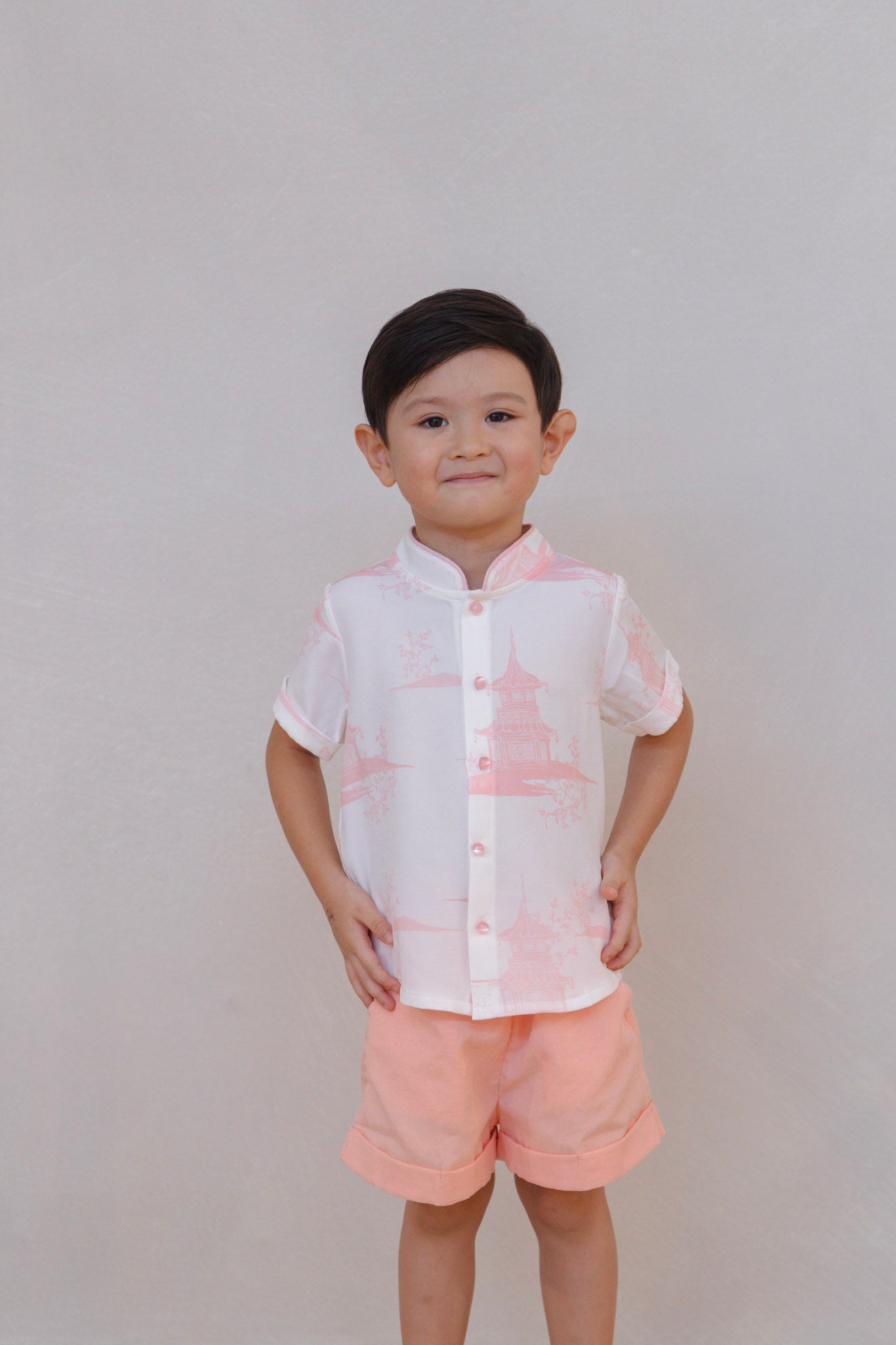 Oriental Garden Boy Lined Mandarin Collar Shirt Set