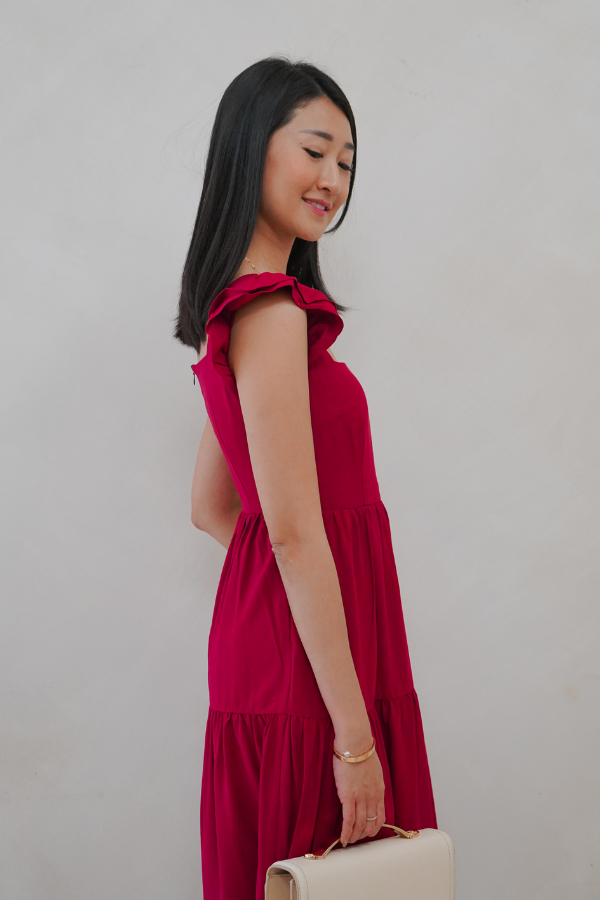 Kinship Flutter-Sleeve Tiered Midi Dress - Red Wine