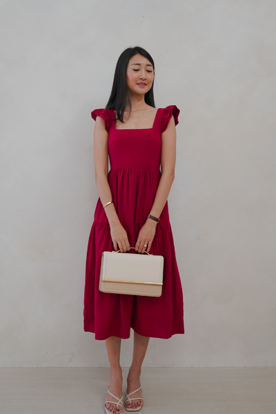 Kinship Flutter-Sleeve Tiered Midi Dress - Red Wine