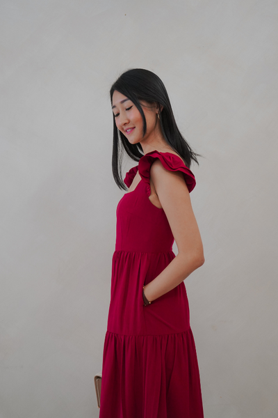 Kinship Flutter-Sleeve Tiered Midi Dress - Red Wine