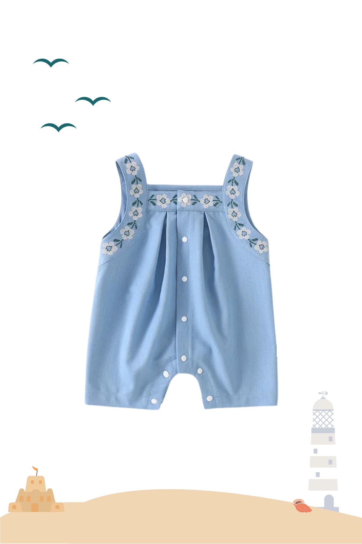 Summer Floral Sleeveless Girl Playsuit Denim Blue
