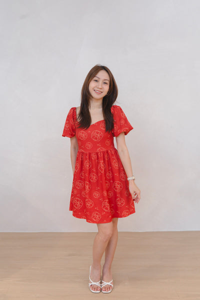 Galloping Peony Ladies Puff Sleeves Dress