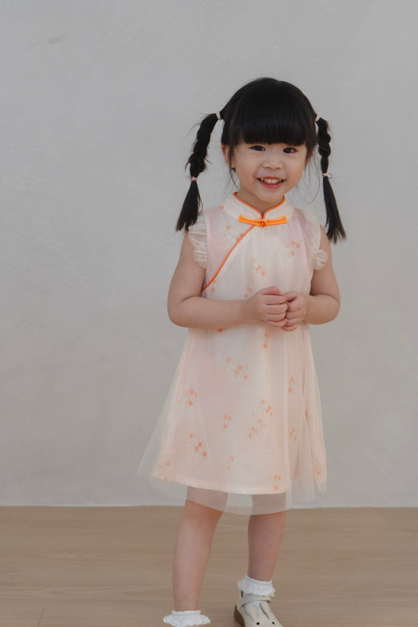 Tangerine Bloom Girl Tulle-Overlay Qipao Dress