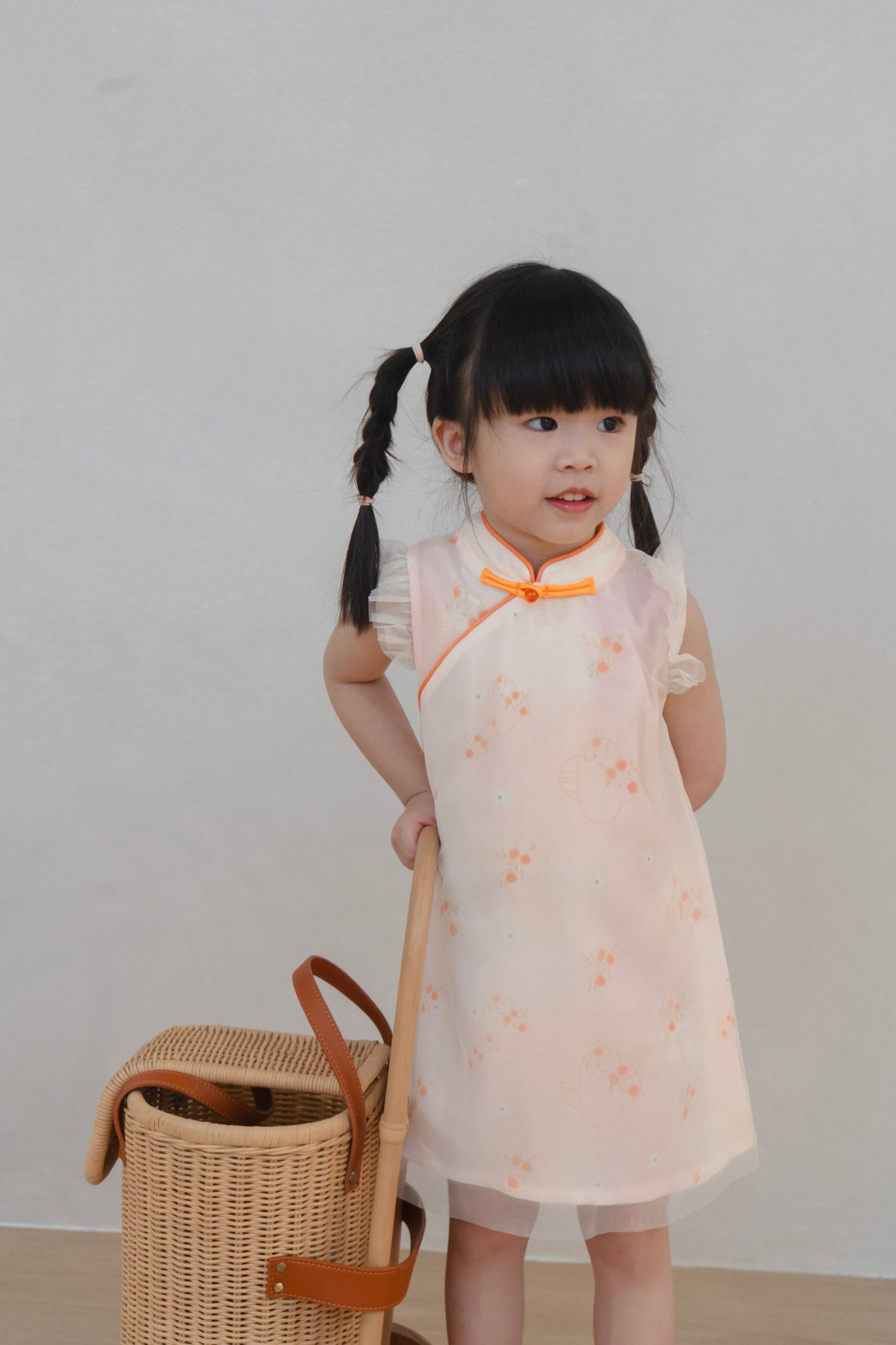 Tangerine Bloom Girl Tulle-Overlay Qipao Dress