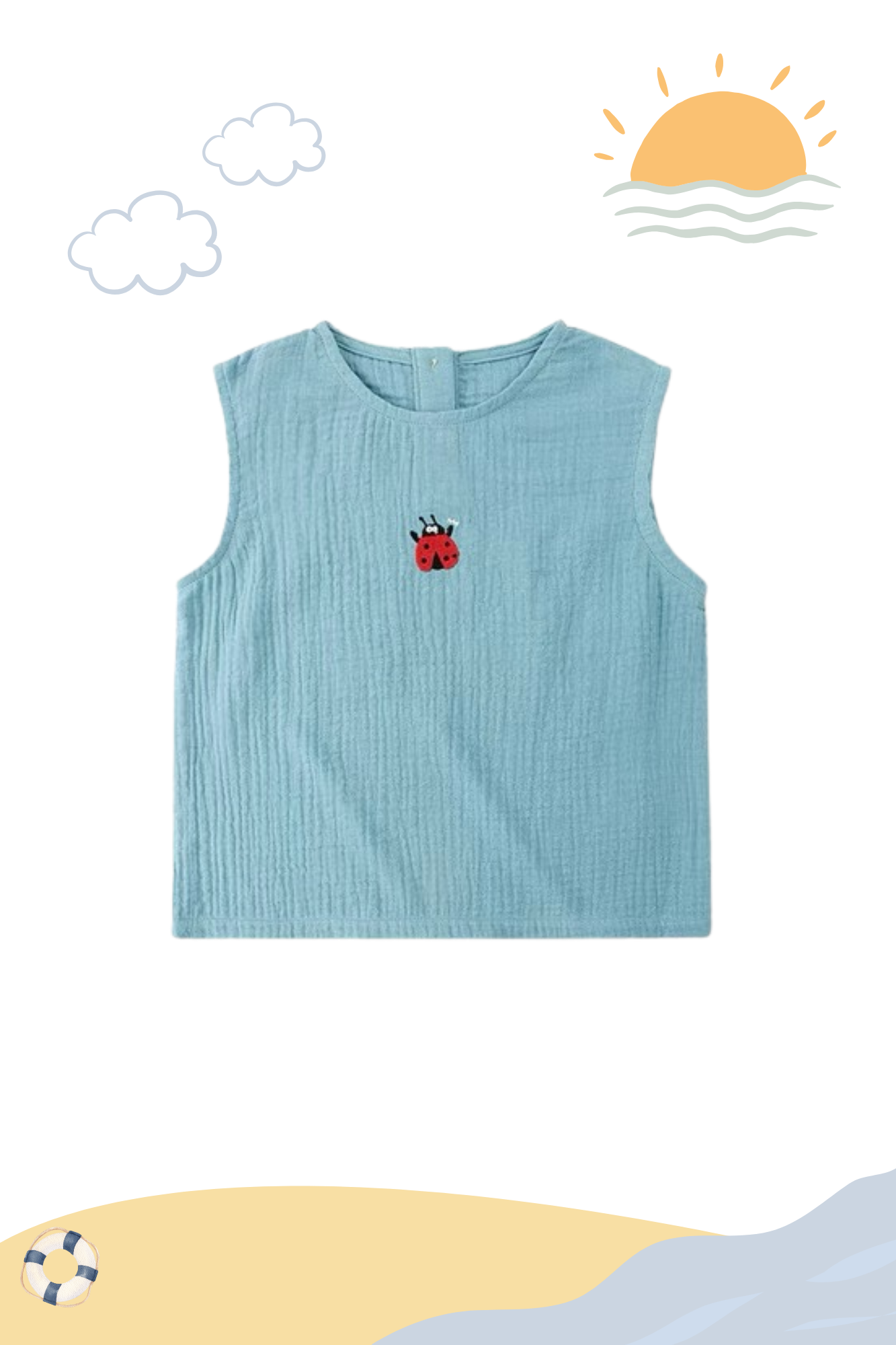 Summer Soft Cotton Sleeveless Embroidered Tee Blue