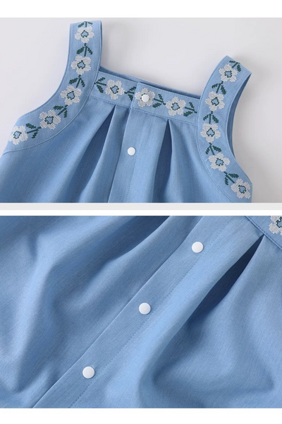 Summer Floral Sleeveless Girl Playsuit Denim Blue