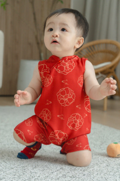 Galloping Peony Baby Boy Classic Mandarin Baby Cheongsam Playsuit