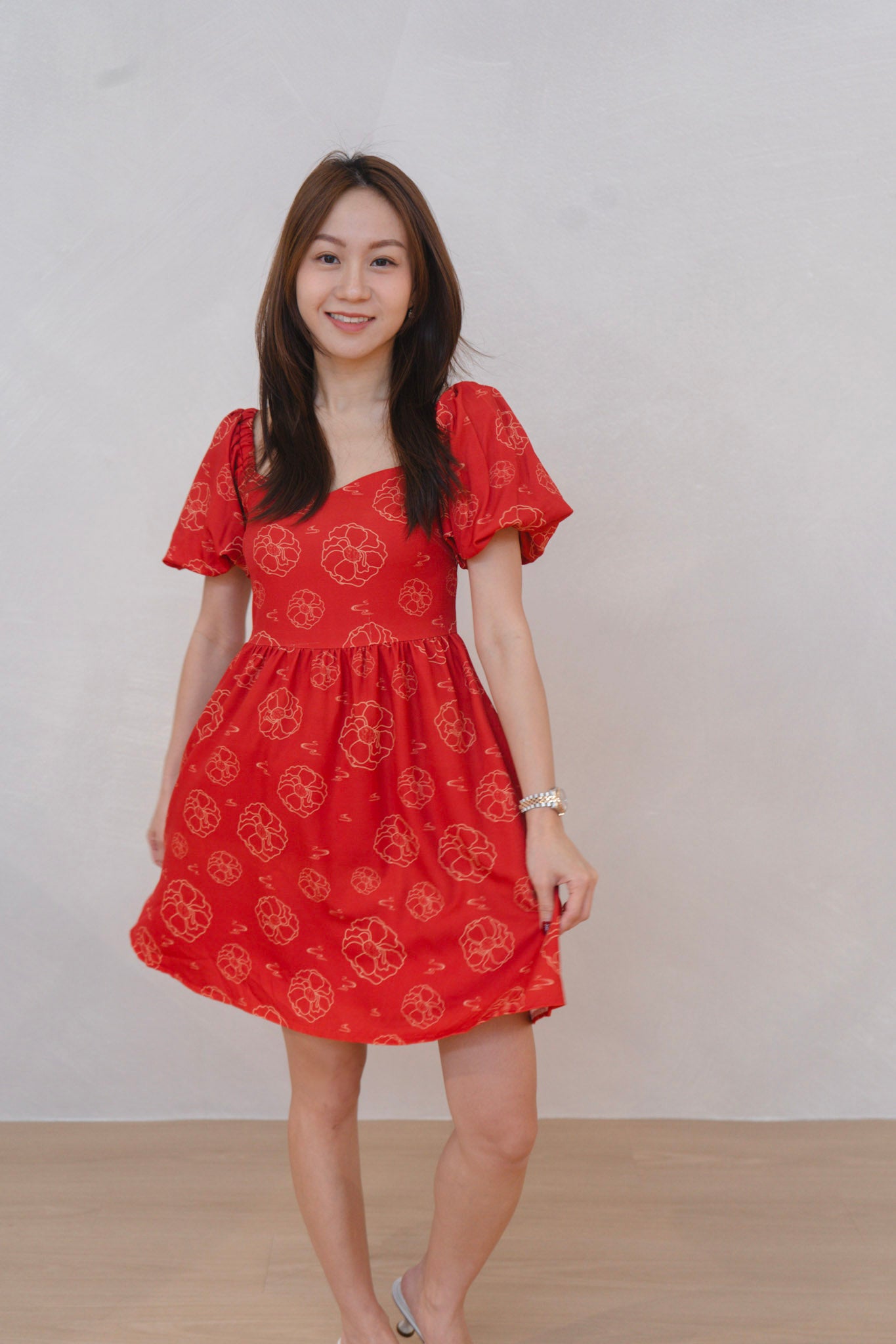 Galloping Peony Ladies Puff Sleeves Dress