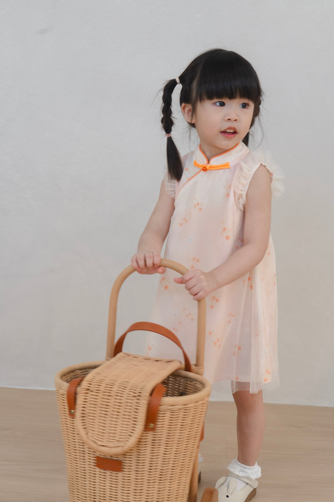 Tangerine Bloom Girl Tulle-Overlay Qipao Dress