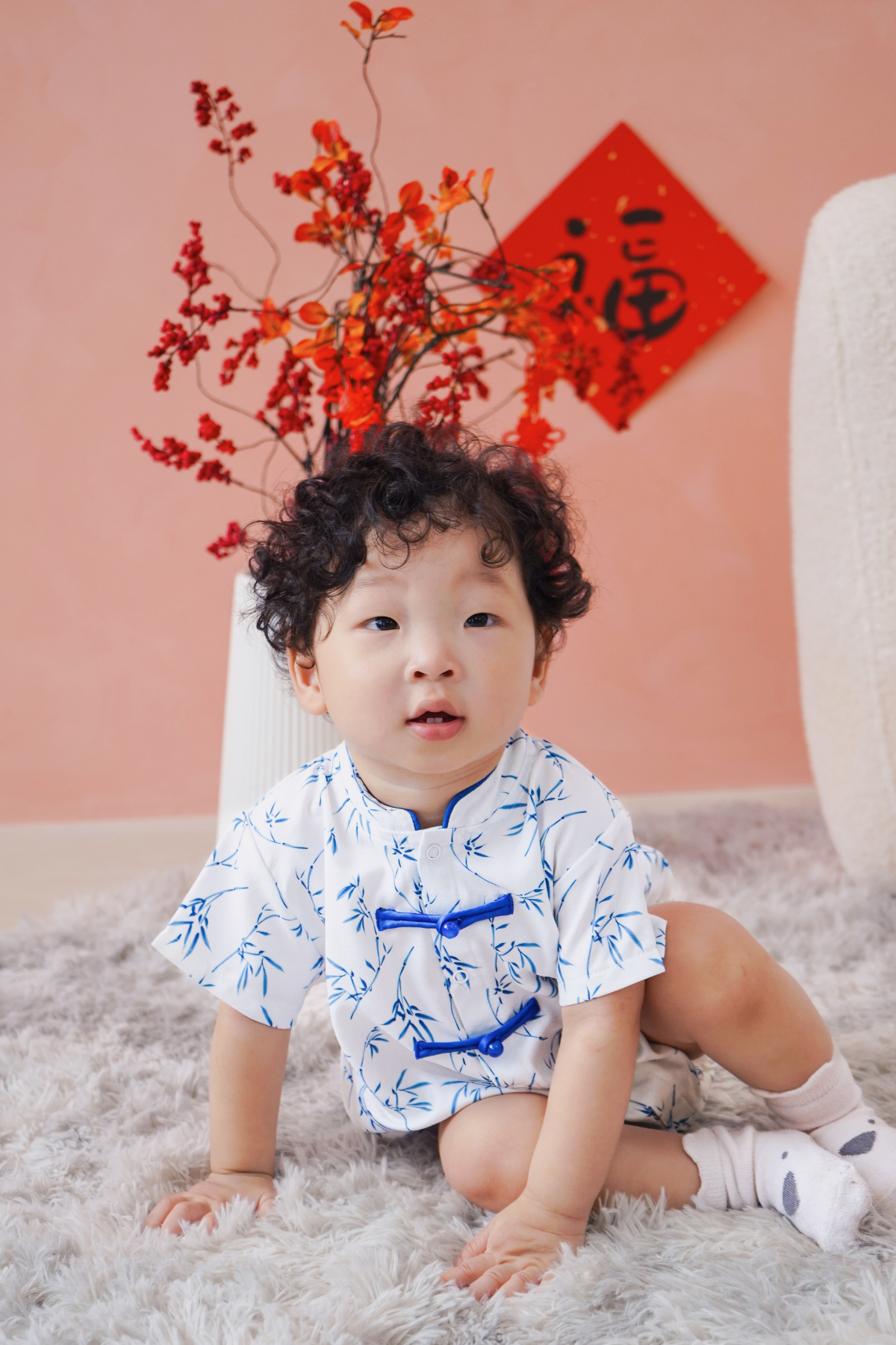 Prosperous Blessings Baby Lined Mandarin Collar Shirt Romper