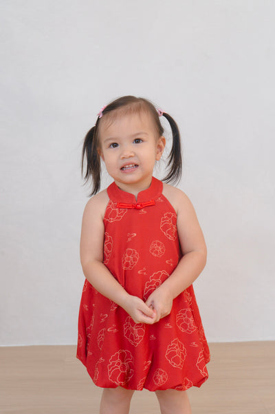 Galloping Peony Girl Halter Neck Bubble Hem Dress