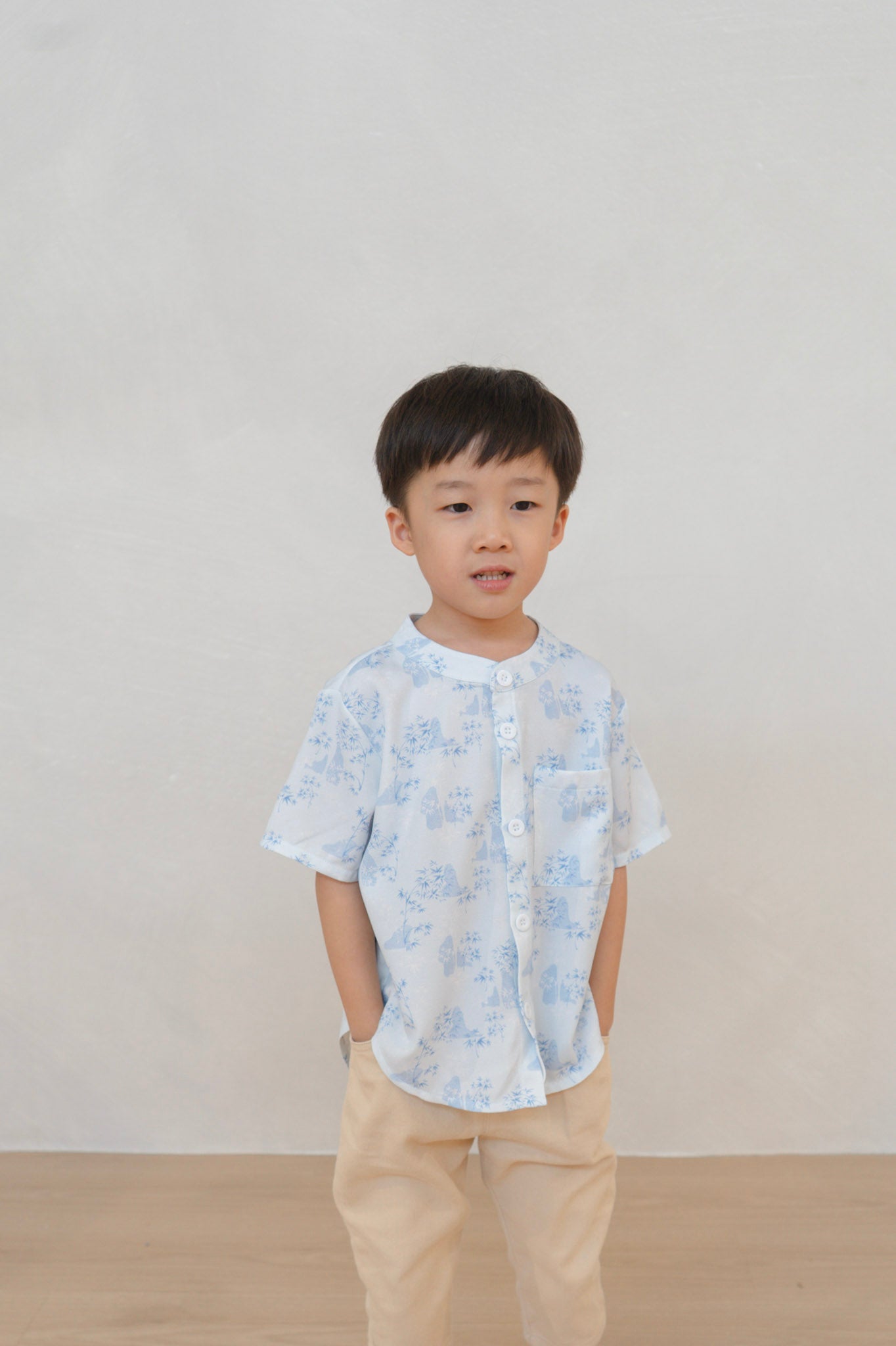 Gentle Harmony Boy Relaxed Hem Mandarin Collar Shirt Set