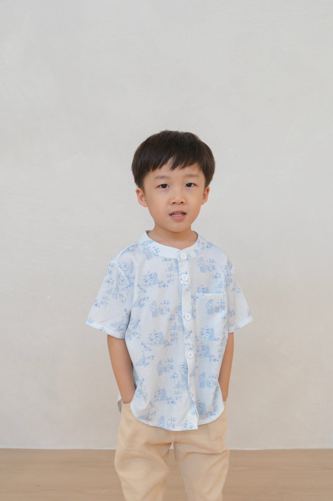 Gentle Harmony Boy Relaxed Hem Mandarin Collar Shirt Set