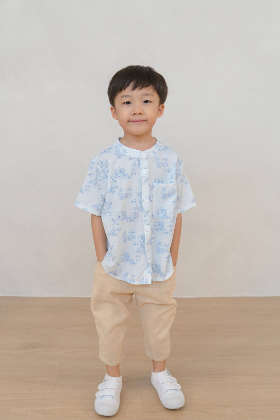 Gentle Harmony Boy Relaxed Hem Mandarin Collar Shirt Set