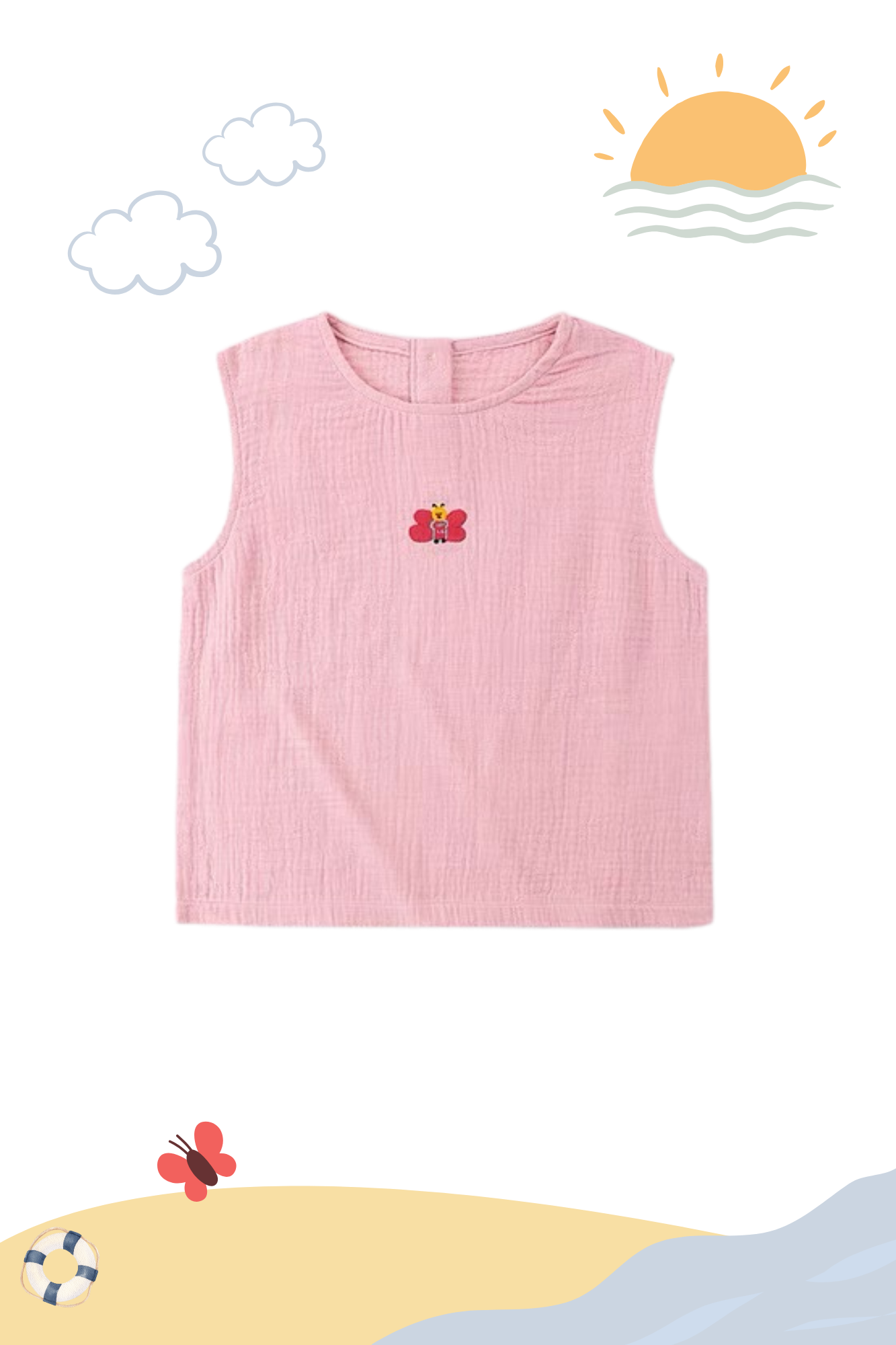 Summer Soft Cotton Sleeveless Embroidered Tee Pink