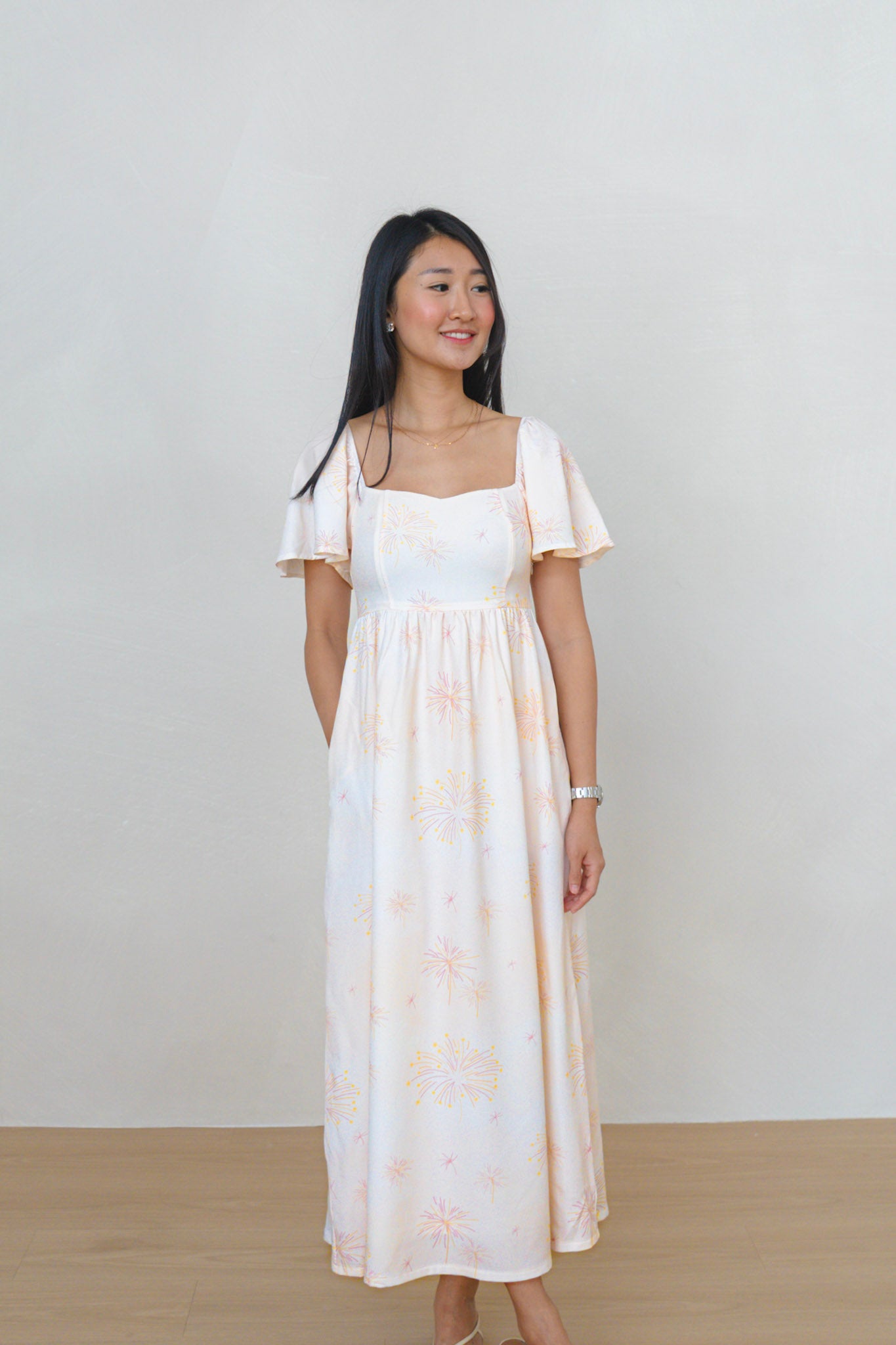 Golden Dawn Ladies Flutter Sleeve Smocked Back Midaxi Dress