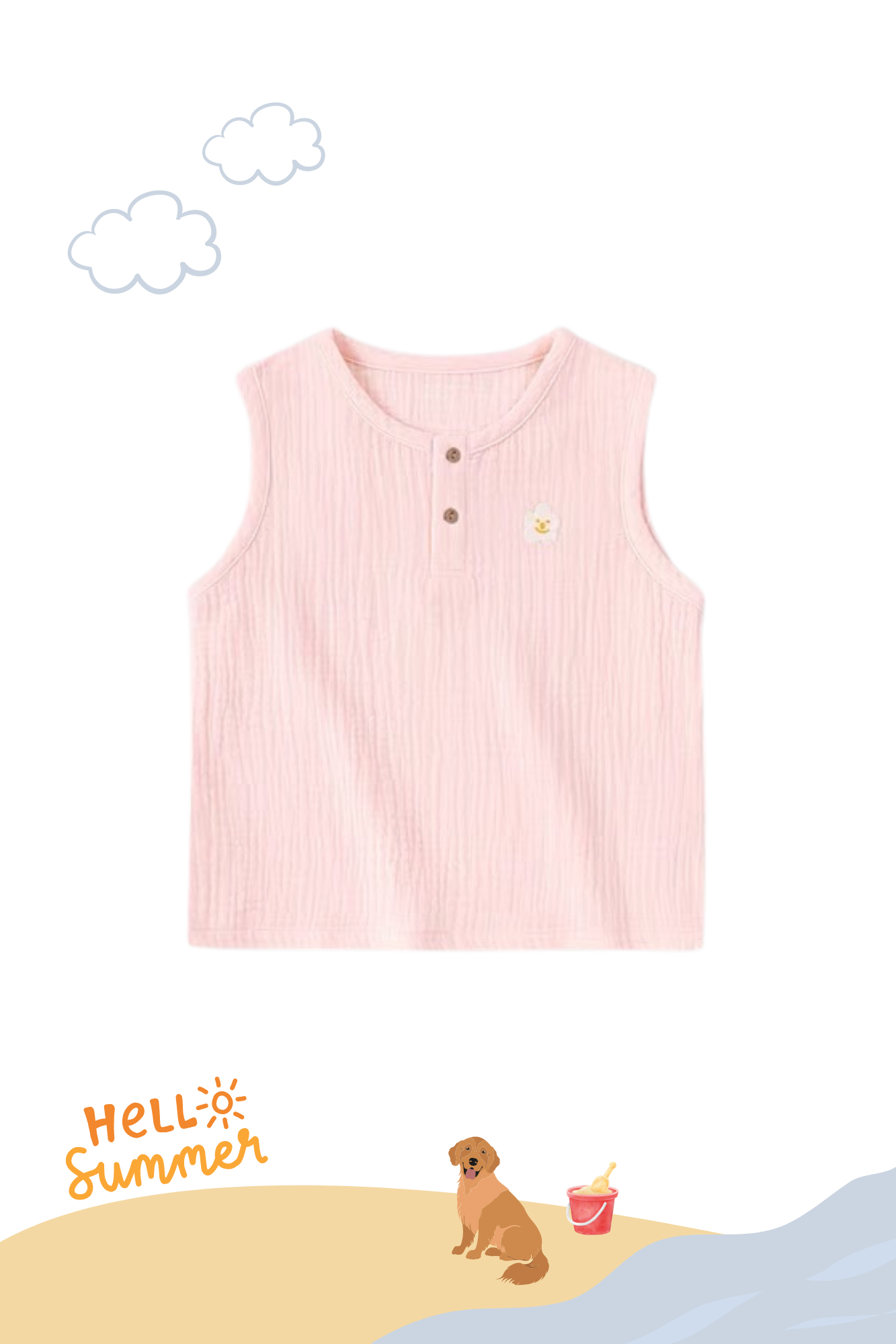 Summer Soft Cotton Button Sleeveless Tee Pink