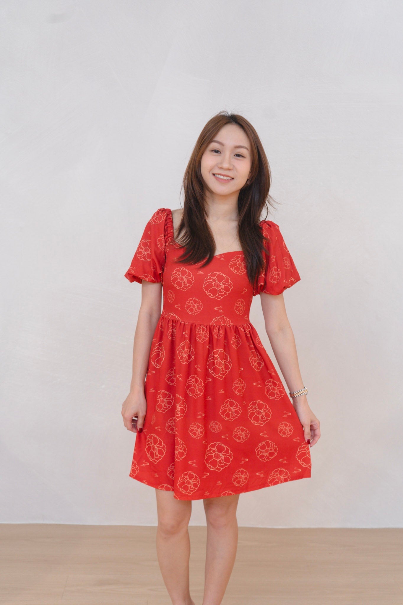 Galloping Peony Ladies Puff Sleeves Dress