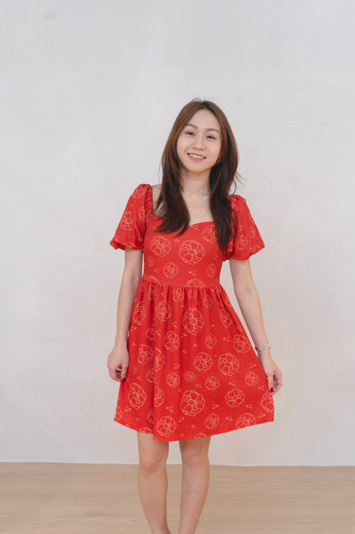 Galloping Peony Ladies Puff Sleeves Dress