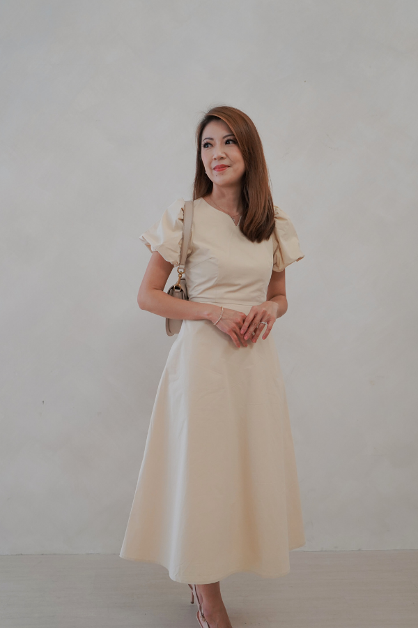 beige knit dress long sleeve Vintage Women's Short Puff Sleeve Long Dress main image 1