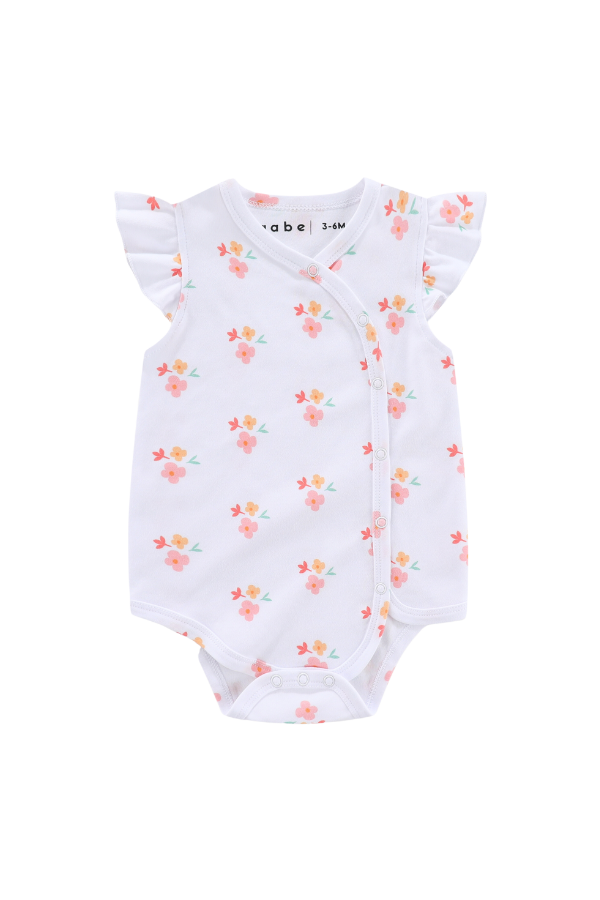 Organic Soft Kimono Fluttery Sleeve Bodysuit White Floral