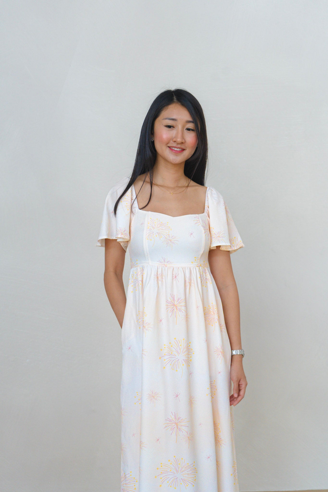 Golden Dawn Ladies Flutter Sleeve Smocked Back Midaxi Dress