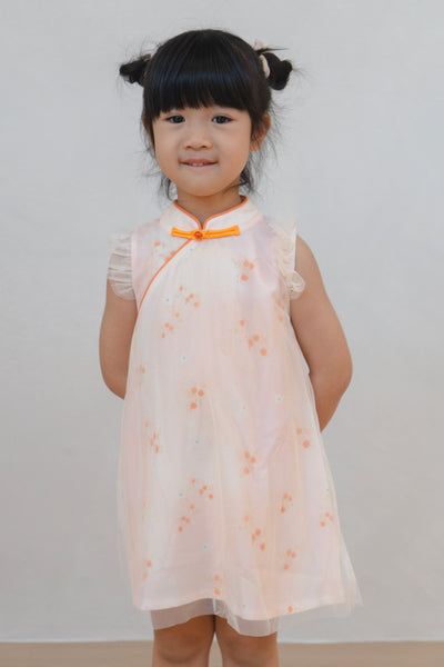 Tangerine Bloom Girl Tulle-Overlay Qipao Dress