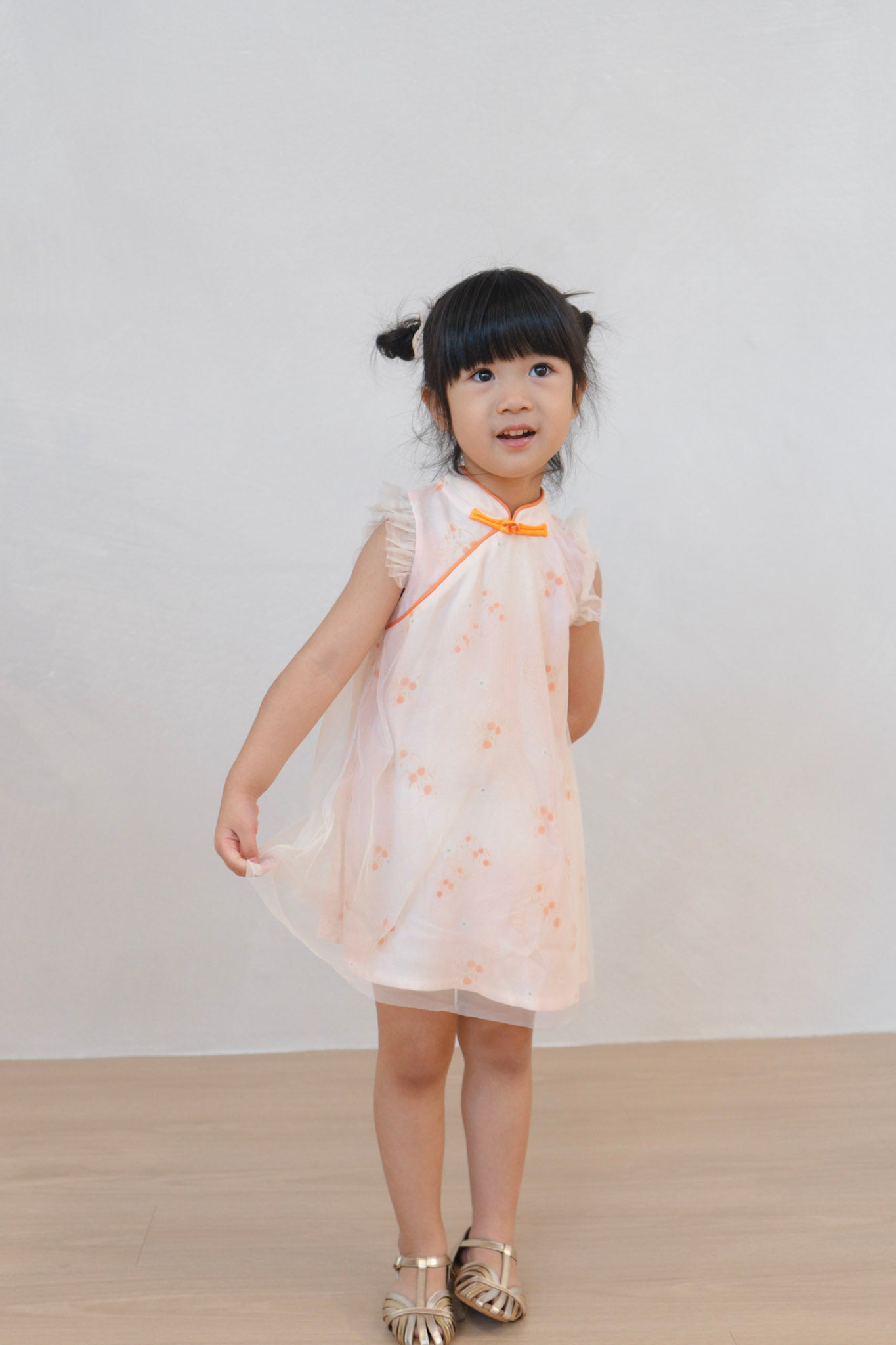 Tangerine Bloom Girl Tulle-Overlay Qipao Dress
