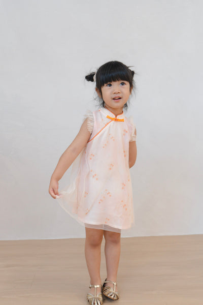 Tangerine Bloom Girl Tulle-Overlay Qipao Dress