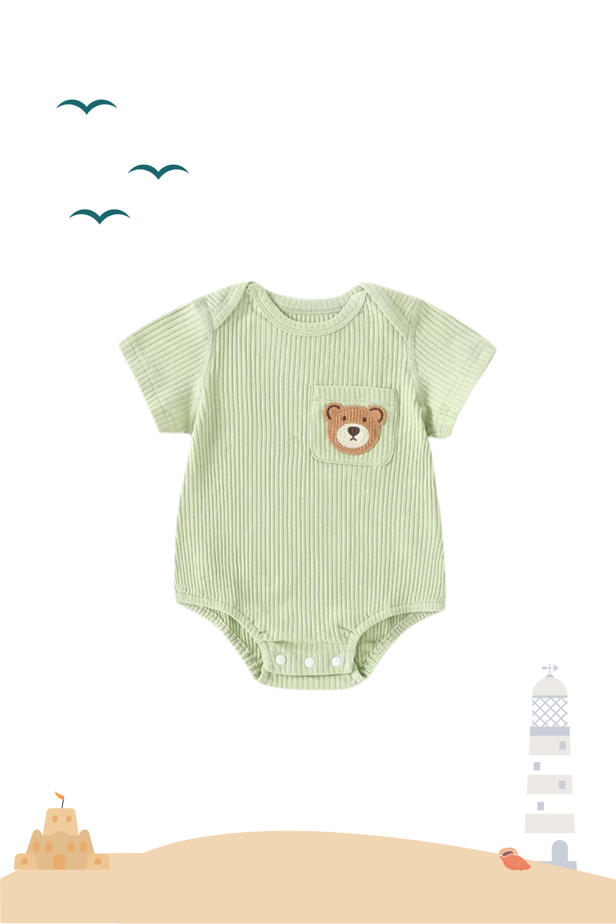 Summer Beary Ribbed Cotton Bodysuit Pine