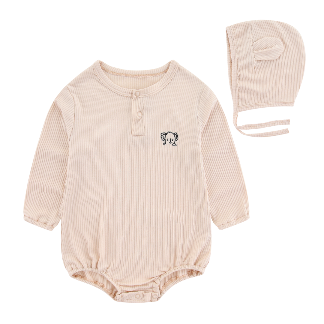 Organic Ribbed Cotton Bodysuit & Bear Hat - Oatmeal