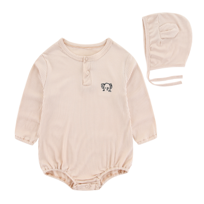 Organic Ribbed Cotton Bodysuit & Bear Hat - Oatmeal