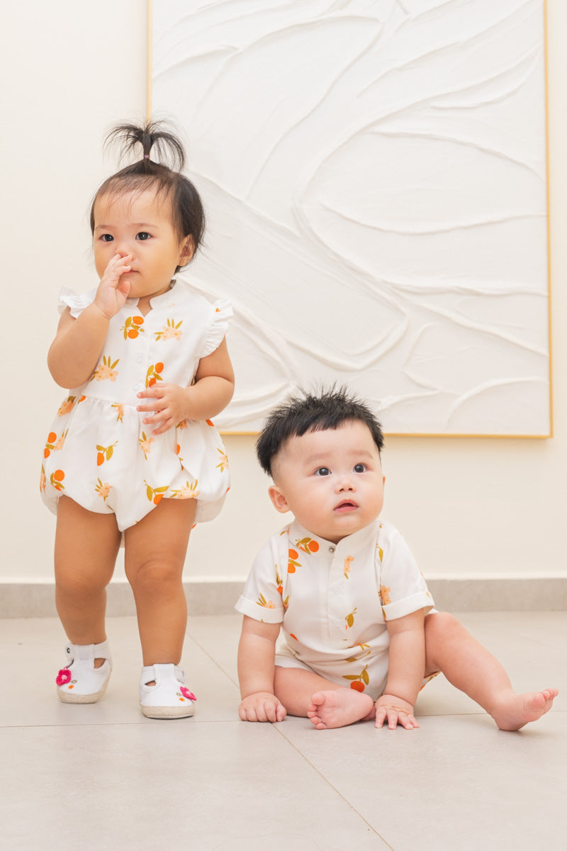 Auspicious Orange Baby Girl Mandarin Collar Ruffled Romper